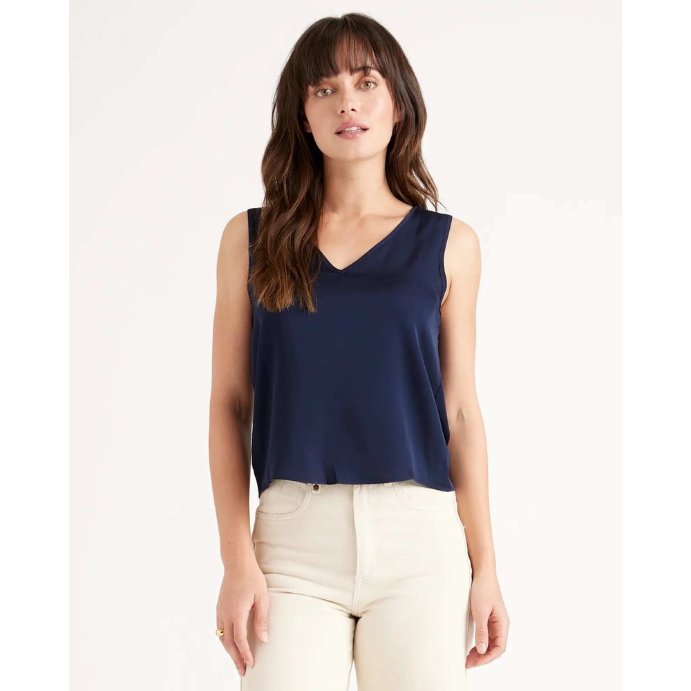 Quince Washable Stretch Silk Tank Top Navy Blue V-Neck Blouse Small NWT